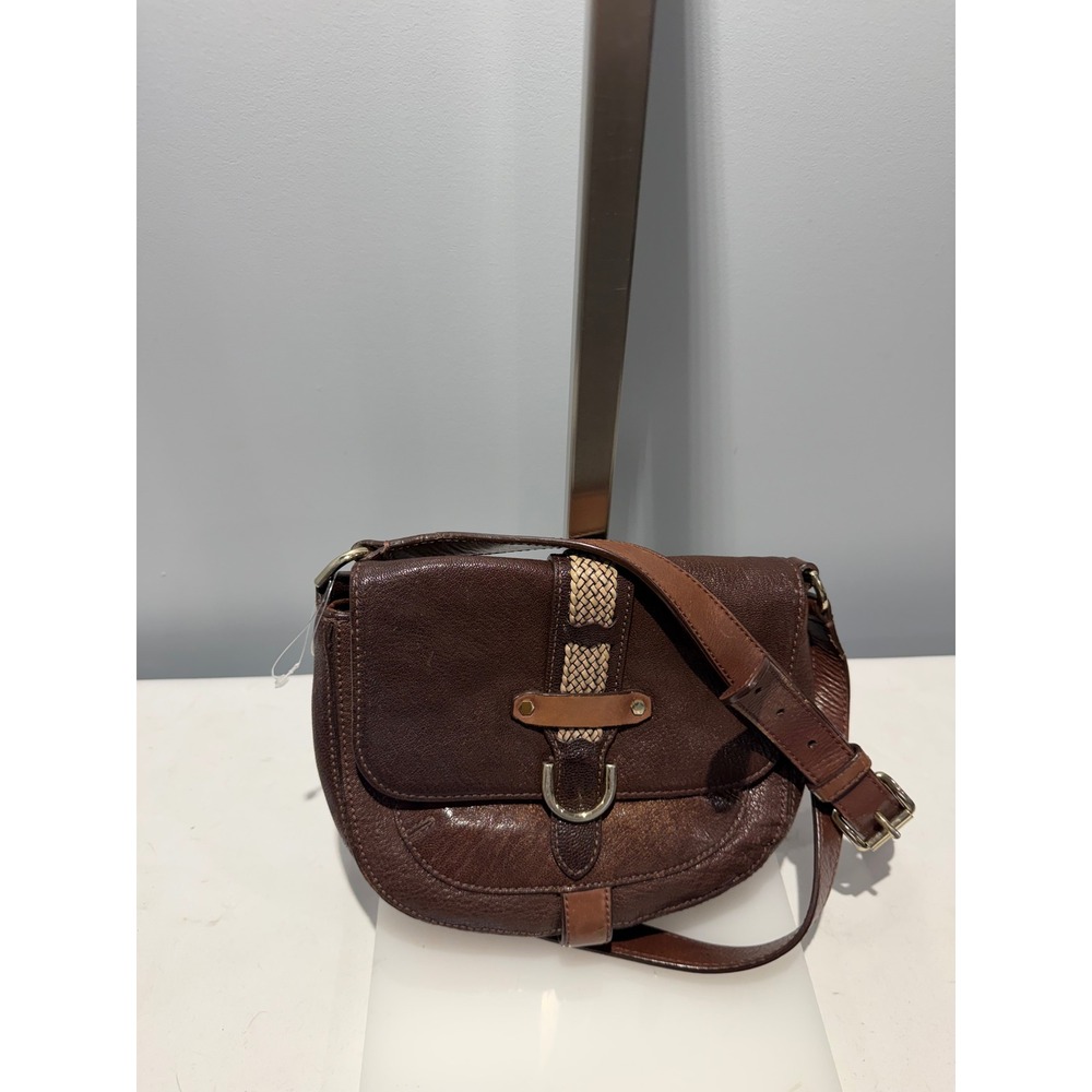 Brown Pebbled Leather Saddle Crossbody Bag with Woven Detail and D-Ring Buckle